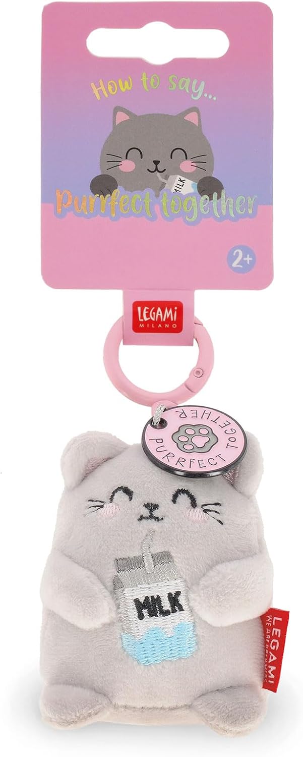 Legami - Super Soft Keyring! Plush Keyring, Pendant with Engraved Message and Zinc Carabiner, grey, S, KITTY