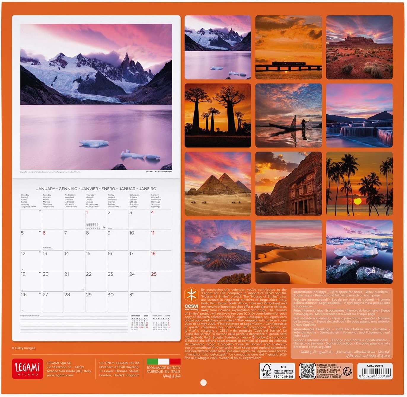 Legami - Wall Calendar 2026, Sunsets, Large Wall Calendar 12 Months and Year Planner in 6 Languages, Space for Notes, Zodiac Signs, International Holidays, 30 x 29 cm