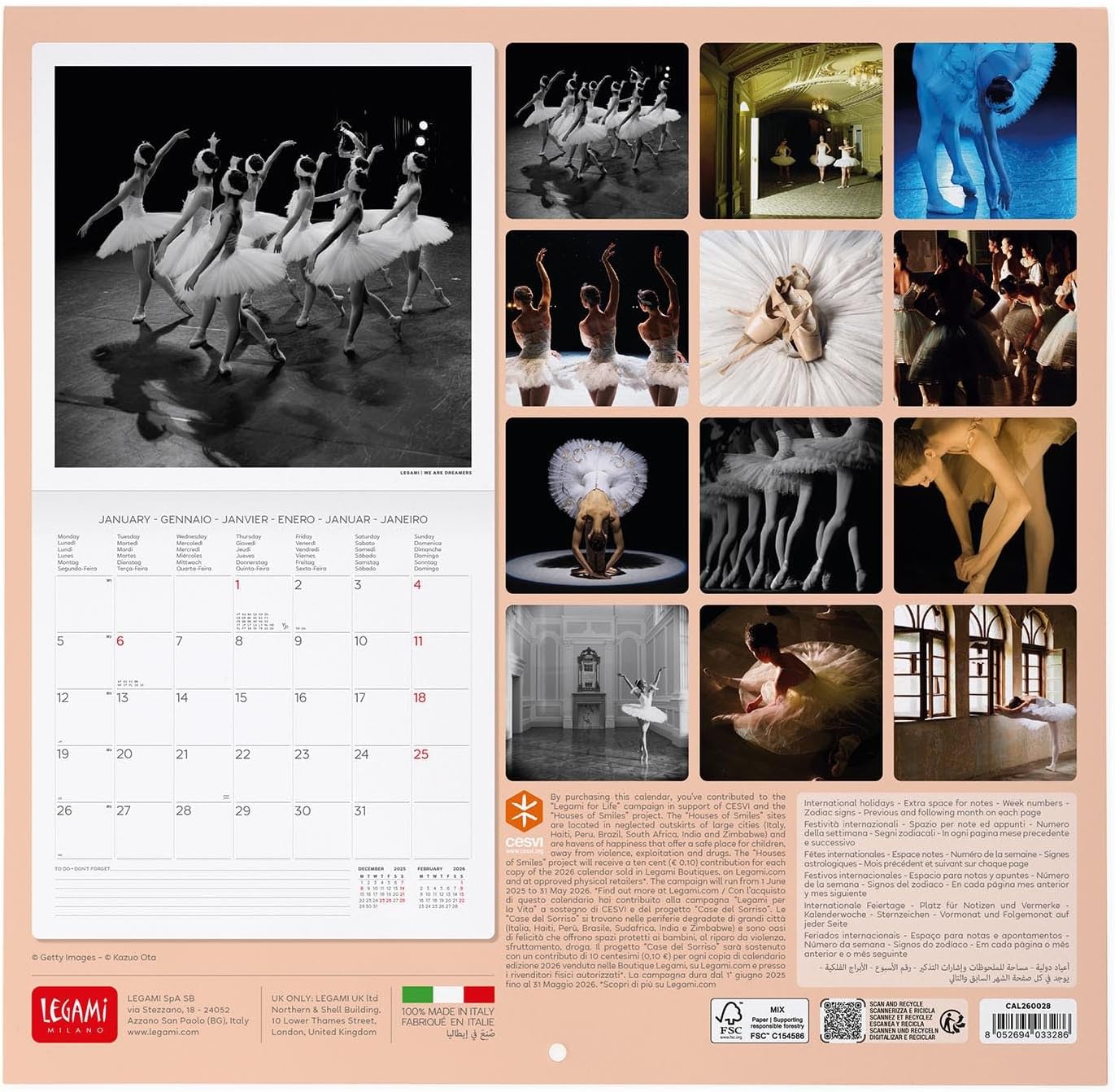 Legami - 2026 Wall Calendar, Ballet Large Wall Calendar, 12 Months and Year Planner, in 6 Languages, Space for Notes, Zodiac Signs, International Holidays, 30 x 29 cm