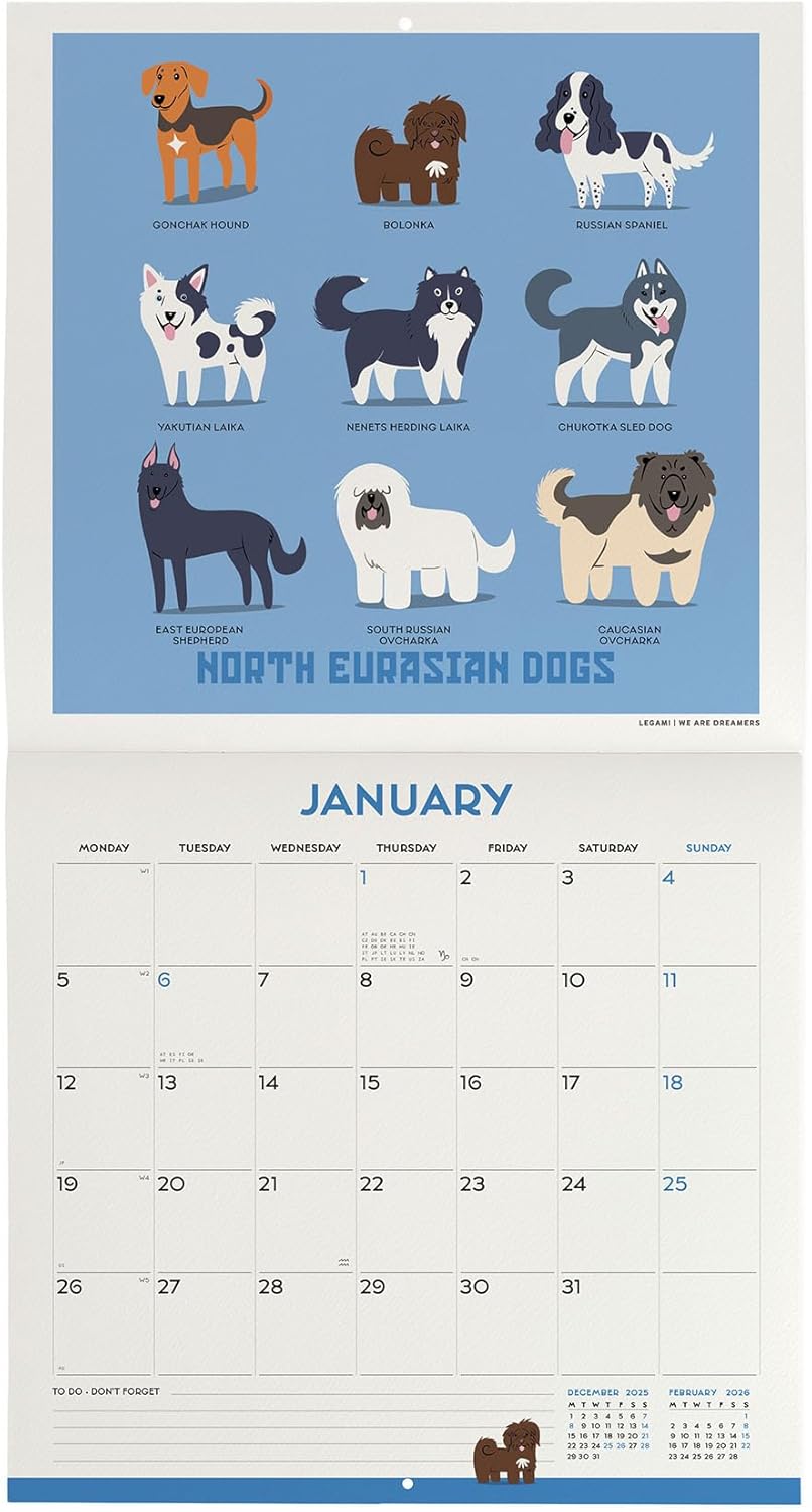 Legami - 2026 Wall Calendar, Dogs of the World, Large Wall Calendar 12 Months and Year Planner in English, Space for Notes, Zodiac Signs, International Holidays, 30 x 29 cm