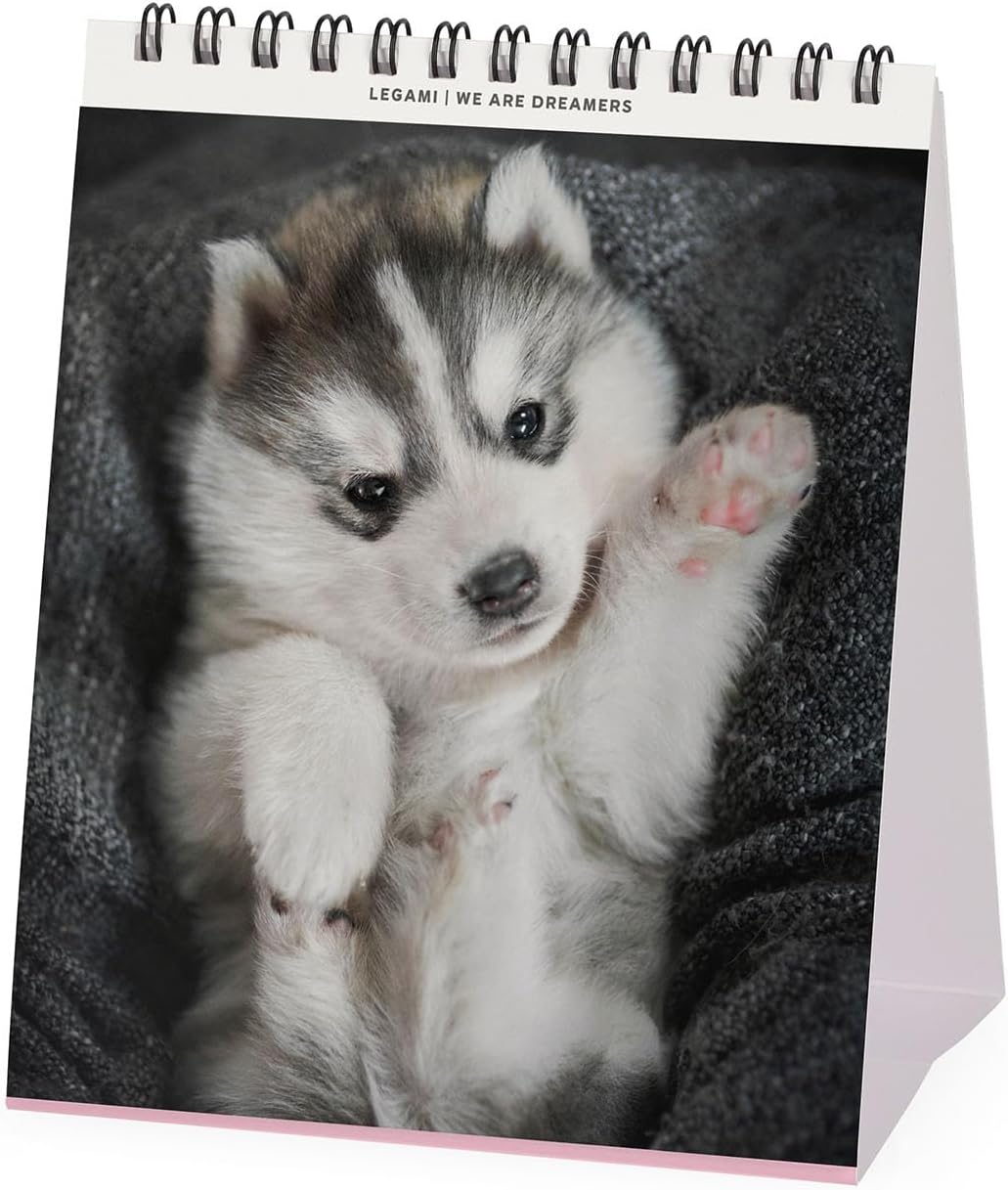 Legami - 2026 Desk Calendar, Puppies Desk Calendar, 12 Months and Yearly Planner, in 6 Languages, Zodiac Signs, International Holidays, 12 x 14.5 cm