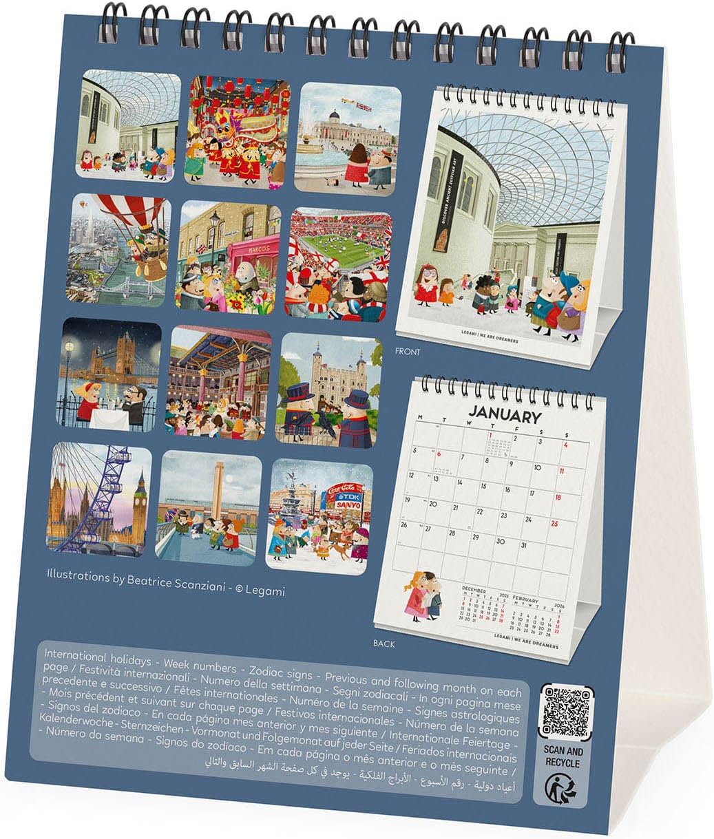 Legami - Desk Calendar 2026, London, Desk Calendar, 12 Months and Yearly Planner, in 6 Languages, Zodiac Signs, International Holidays, 12 x 14.5 cm