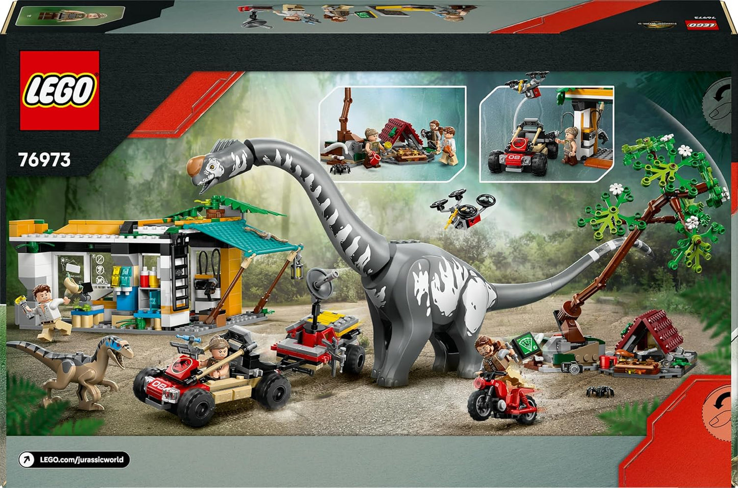 LEGO Jurassic World Alla Ricerca del Raptor e del Titanosauro - Con 2 Figure di Dinosauro Giocattolo, un Fuoristrada, una Moto e 3 Minifigure - Regalo per Bambini e Bambine da 7 Anni in su - 76973