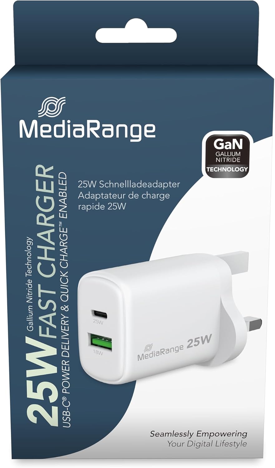 MediaRange 25W GaN Fast Charging Adapter (UK Plug), 1x USB-C and 1x USB-A, Supports USB-C® Power Delivery and Quick Charge™, White