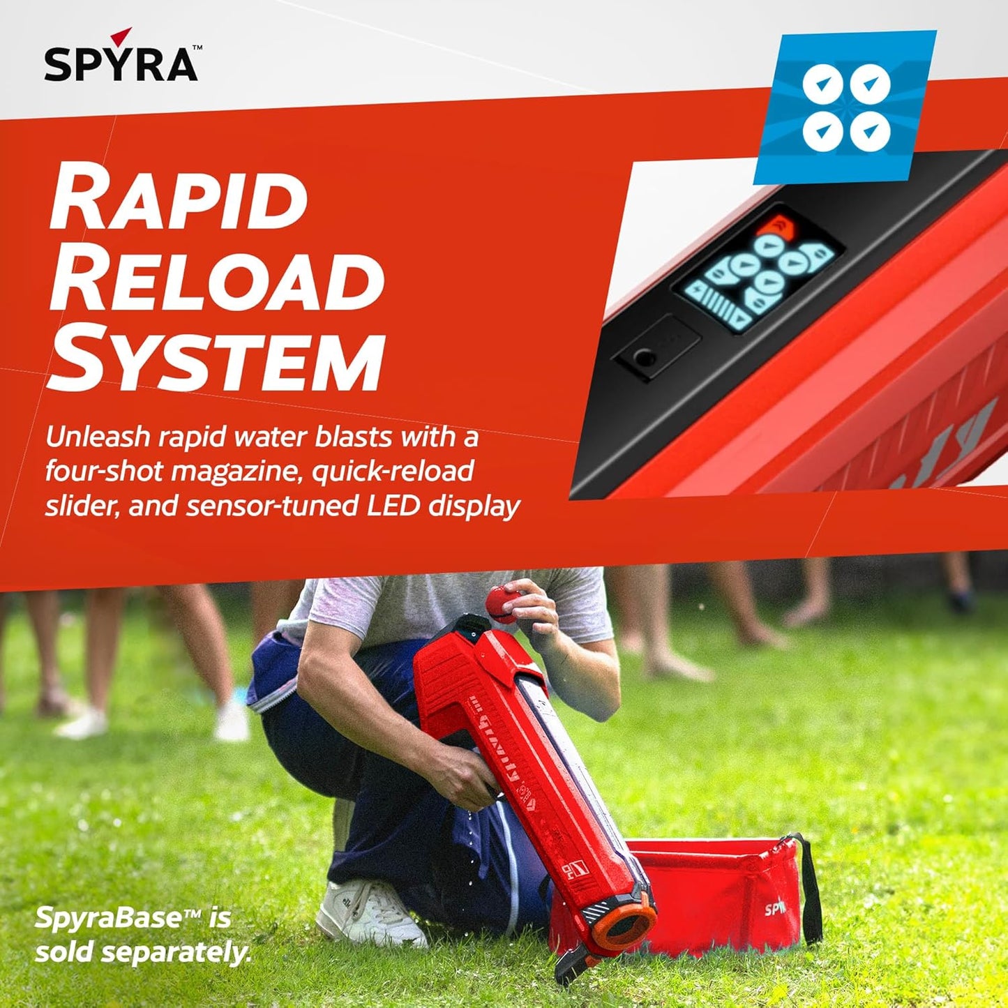 SPYRA Electric Water Bomb Launcher, Outdoor 4 Shot Ball Shooter, SpyraGravity™, Red - Water Blaster Guns for Beach, Backyard, Patio, and Garden