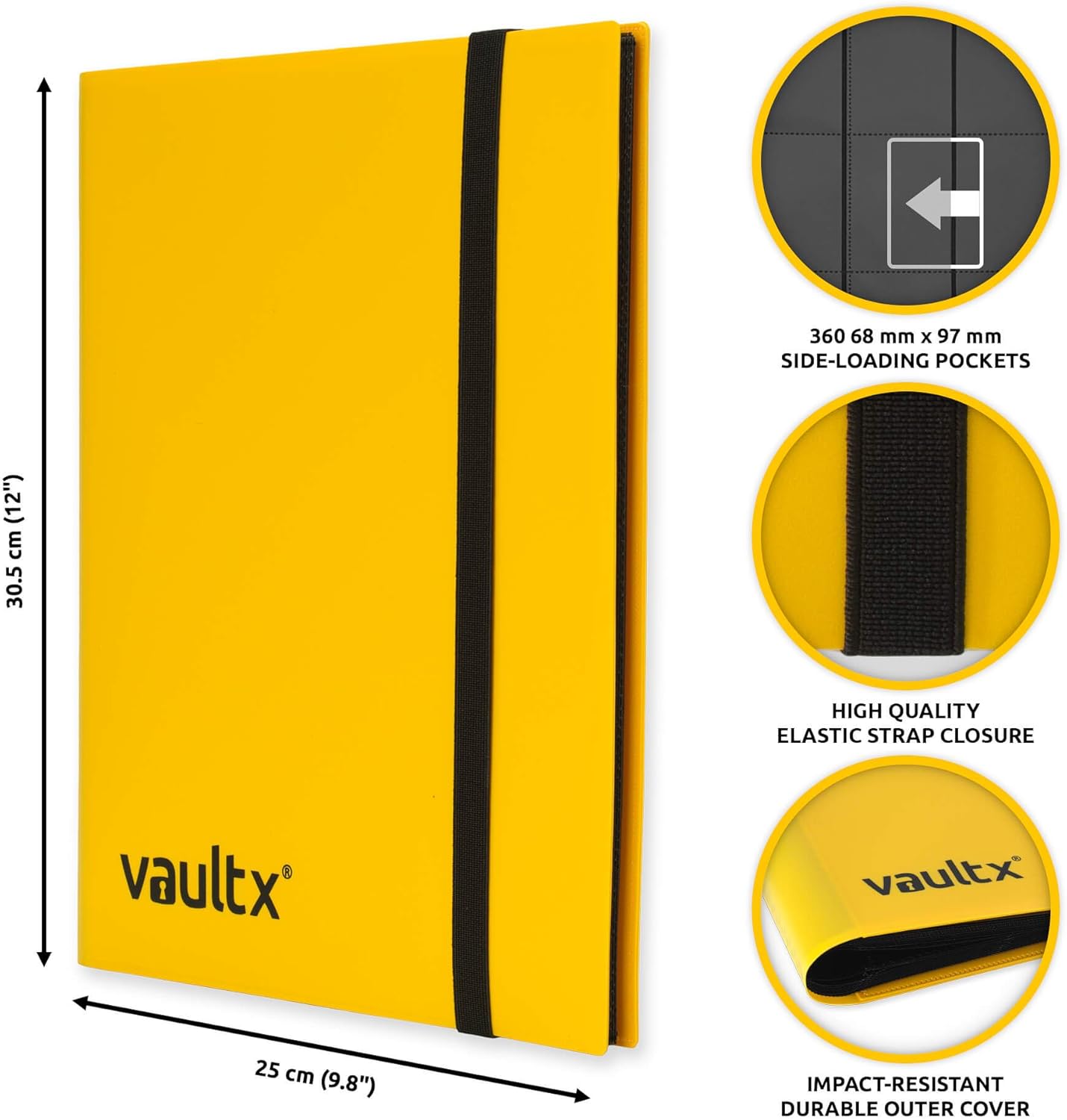 Vault X 9 Pocket Trading Card Strap Binder, 360 cards, Standard, 20 Side-Loading Pages, Folder for Collectible Card Games, Sports, TCG (Yellow