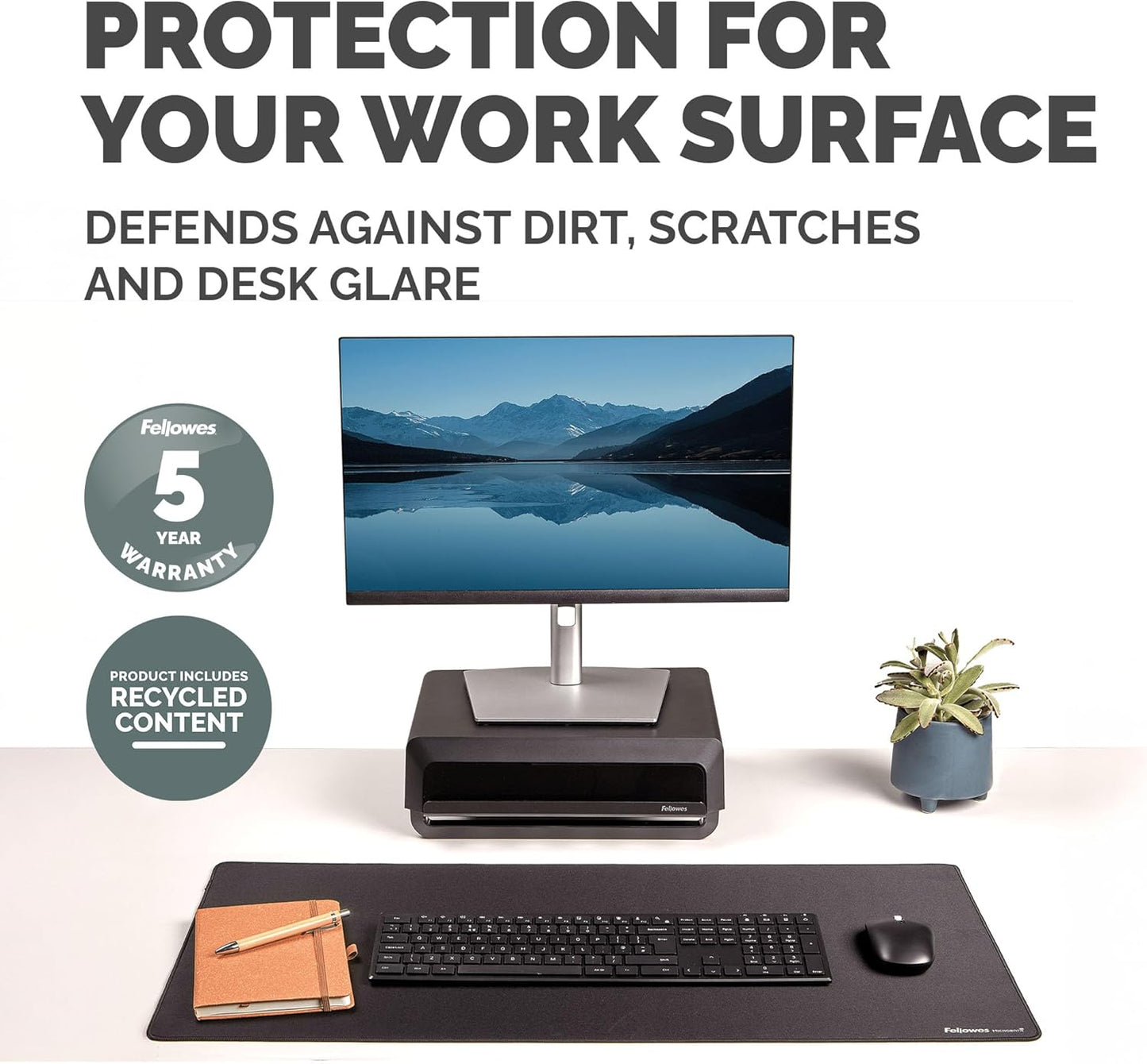 Fellowes Breyta Tapete de Escritorio Grande Negro, Base de Goma Antideslizante, Bordes Cosidos Resistentes, Protección Microban®, y Adecuado para Escribir, Teclear y Usar el Ratón