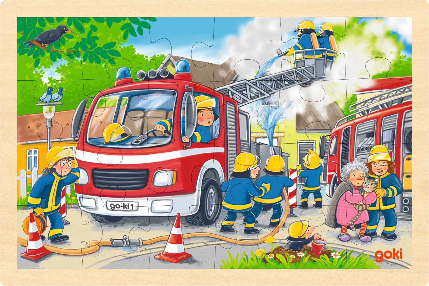 goki 57318 inlegpuzzel brandweer van hout, houten puzzel van een brandweerinzetstuk, educatief speelgoed en kinderpuzzel, bevordert de fantasie en motoriek van kinderen, 30 cm x 20 cm, set van 24