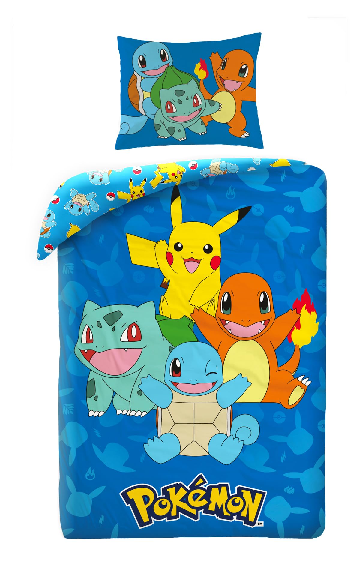 Halantex Bettwäsche Pokemon mit Pikachu, Glumanda, Schwertkäfer und Bulbizarr, Bettbezug 140 x 200 cm + Kissenbezug, Blau, POK579
