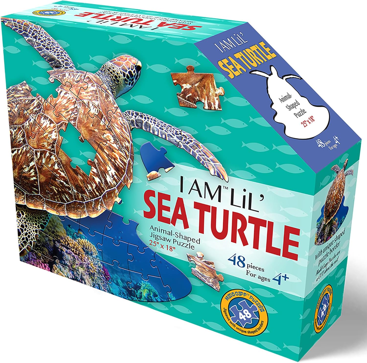 Madd Capp: I Am Lil' Sea Turtle - 48 Piece Puzzle - Kids Aquatic Animal-Shaped Jigsaw, 25x18 Size, Poster Reference, Educational Fun Fact Booklet