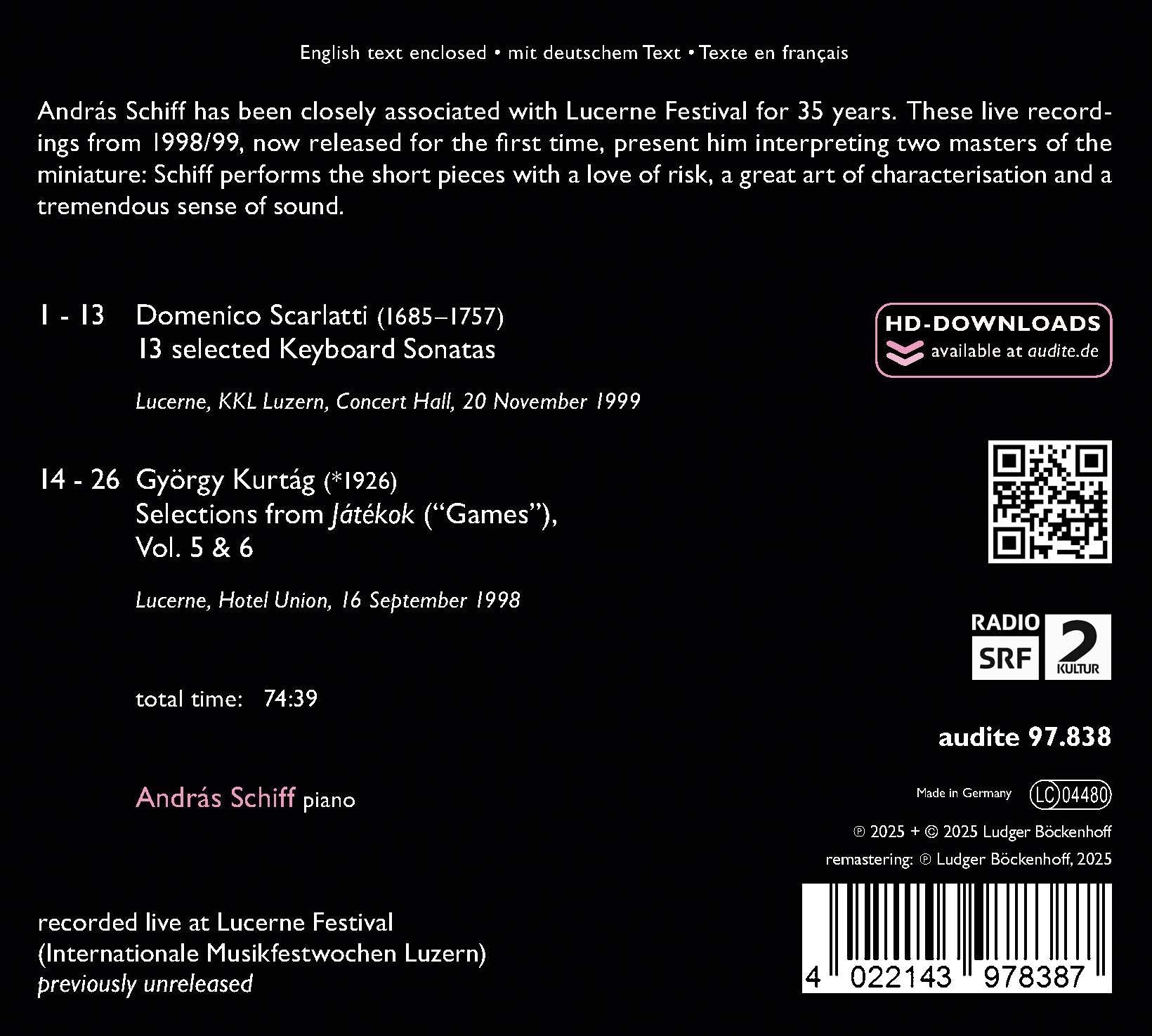 András Schiff: Lucerne Festival - Historic Performances: Scarlatti: Keyboard Sonatas/Kurtág: Selections from Játékok