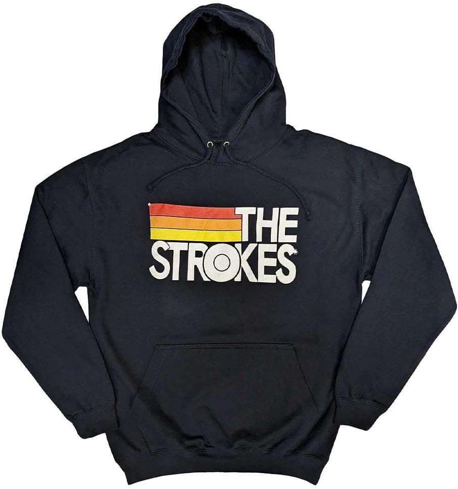 The Strokes Hoodie Band Logo and Stripes Official Mens Navy Blue Pullover XL
