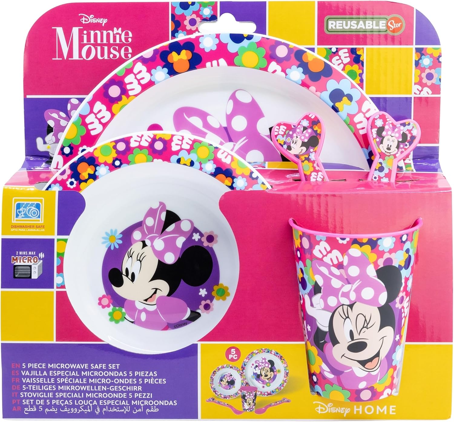 `Disney - Minnie Mouse - 5 Pcs Micro Set ( Plate, Bowl, Tumbler, Cutlery) Minnie Bold Florals`