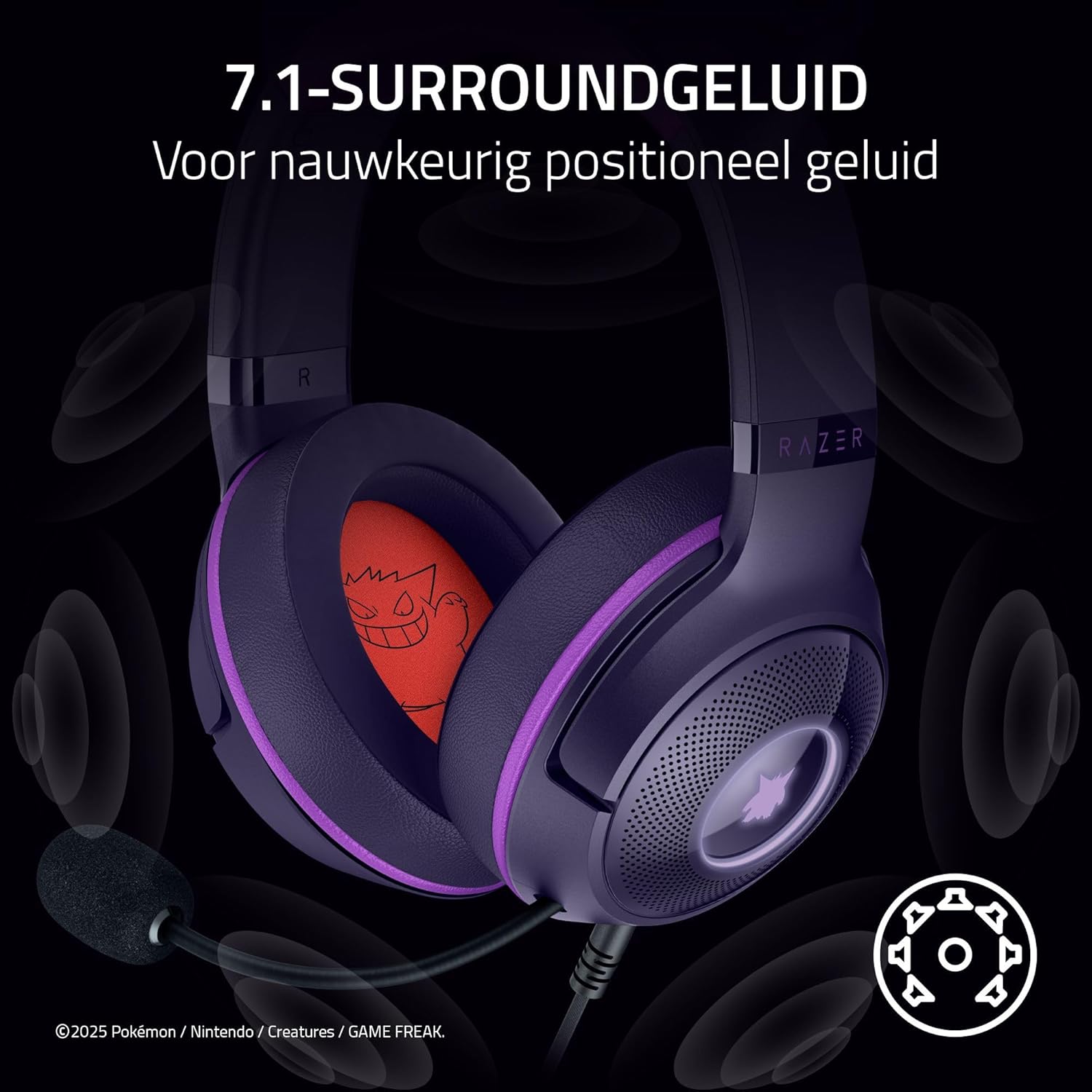 Razer Kraken Kitty V2 - Pokémon Gengar Edition - USB-headset - Gengar-spikes - Stream-reactieve verlichting - HyperClear cardioïde microfoon - TriForce 40mm drivers - 7.1 surround sound | Violet