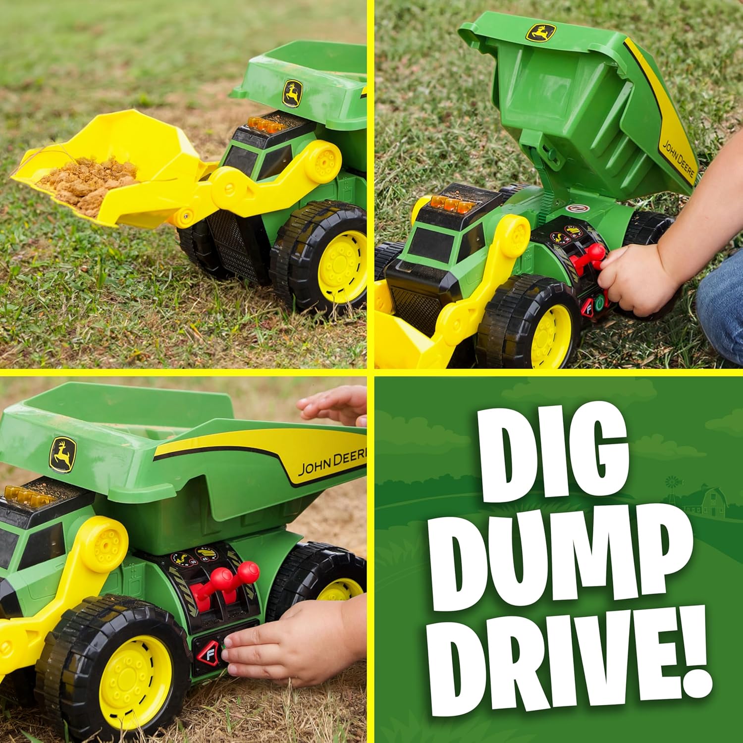 John Deere JD MAXX POWER 2‑in‑1 Lights & Sounds Dig Rig, Remote‑Control Front‑Loader & Dump Truck, LED Lights, Construction Sounds, Motorised Action, Big Tyres, Ages 3+