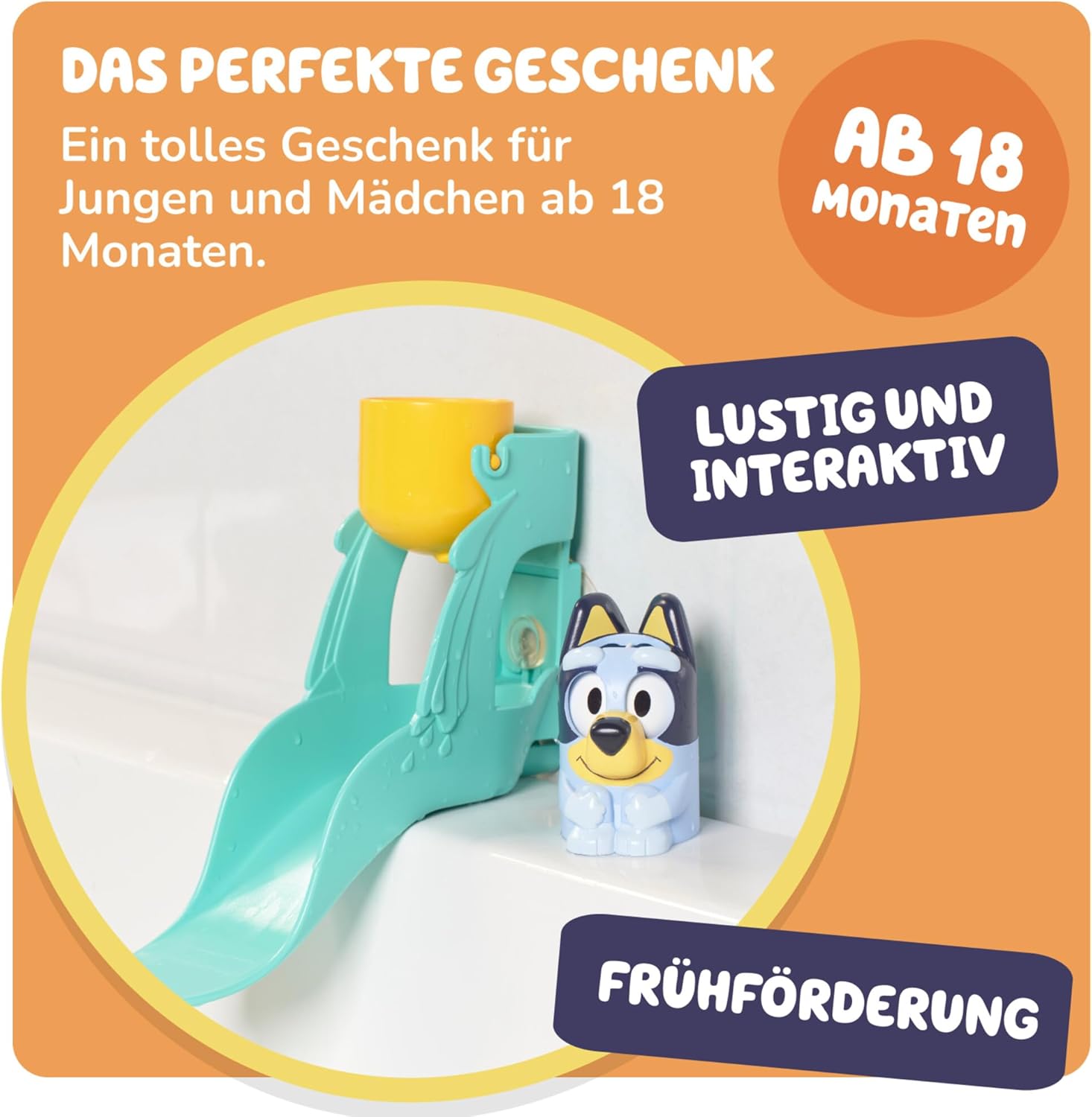 Toomies Blueys Wasserrutsche, Badespielzeug für Kleinkinder, Wasserspaß mit Drehaugen, Fördert Feinmotorik, Mit Saugnäpfen, Ab 18 Monaten