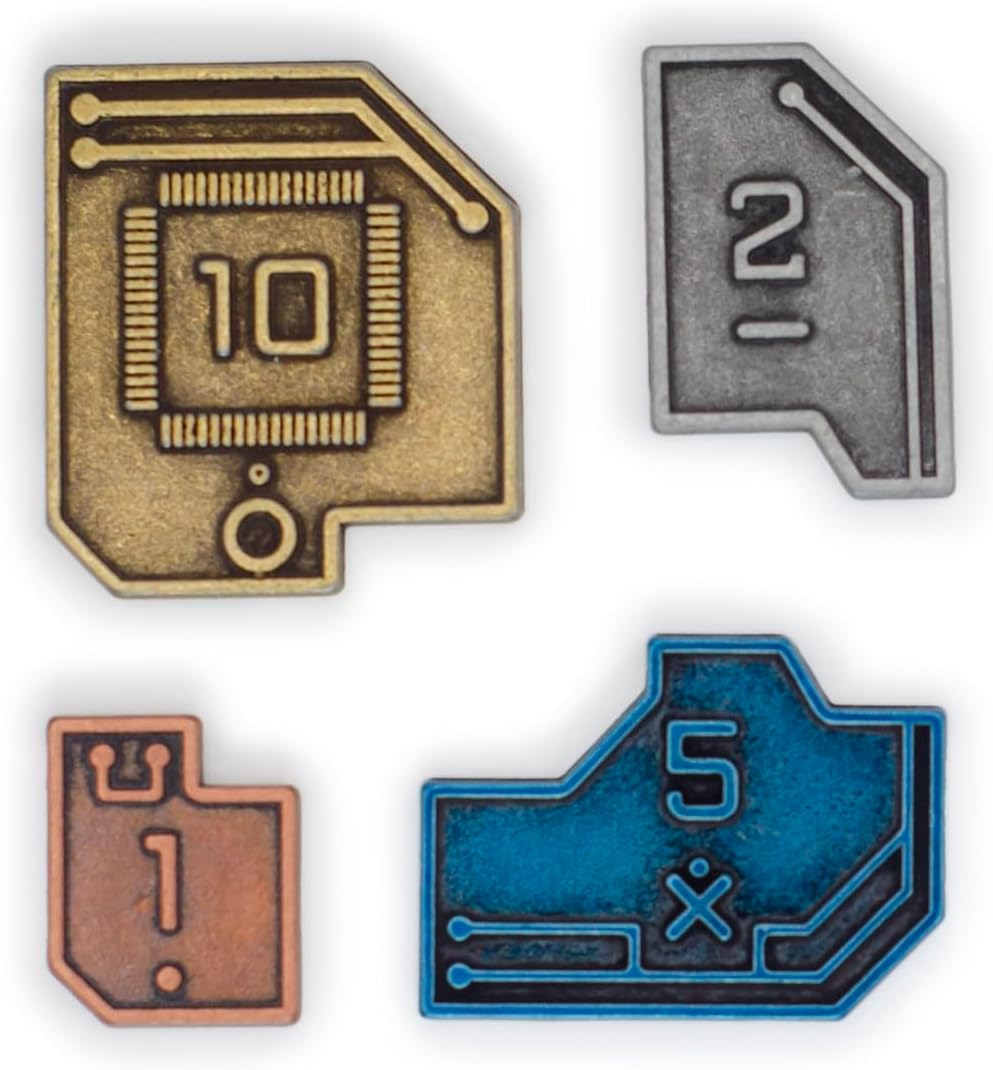 Stonemaier Games: Metal Sci-Fi Coins (Vantage) | Sci-Fi Coins to Enhance Your Gameplay | 45 Metal Coins - $1 (x18), $2 (x12), $5 (x9), and $10 (x6) Coins Made of zinc Alloy
