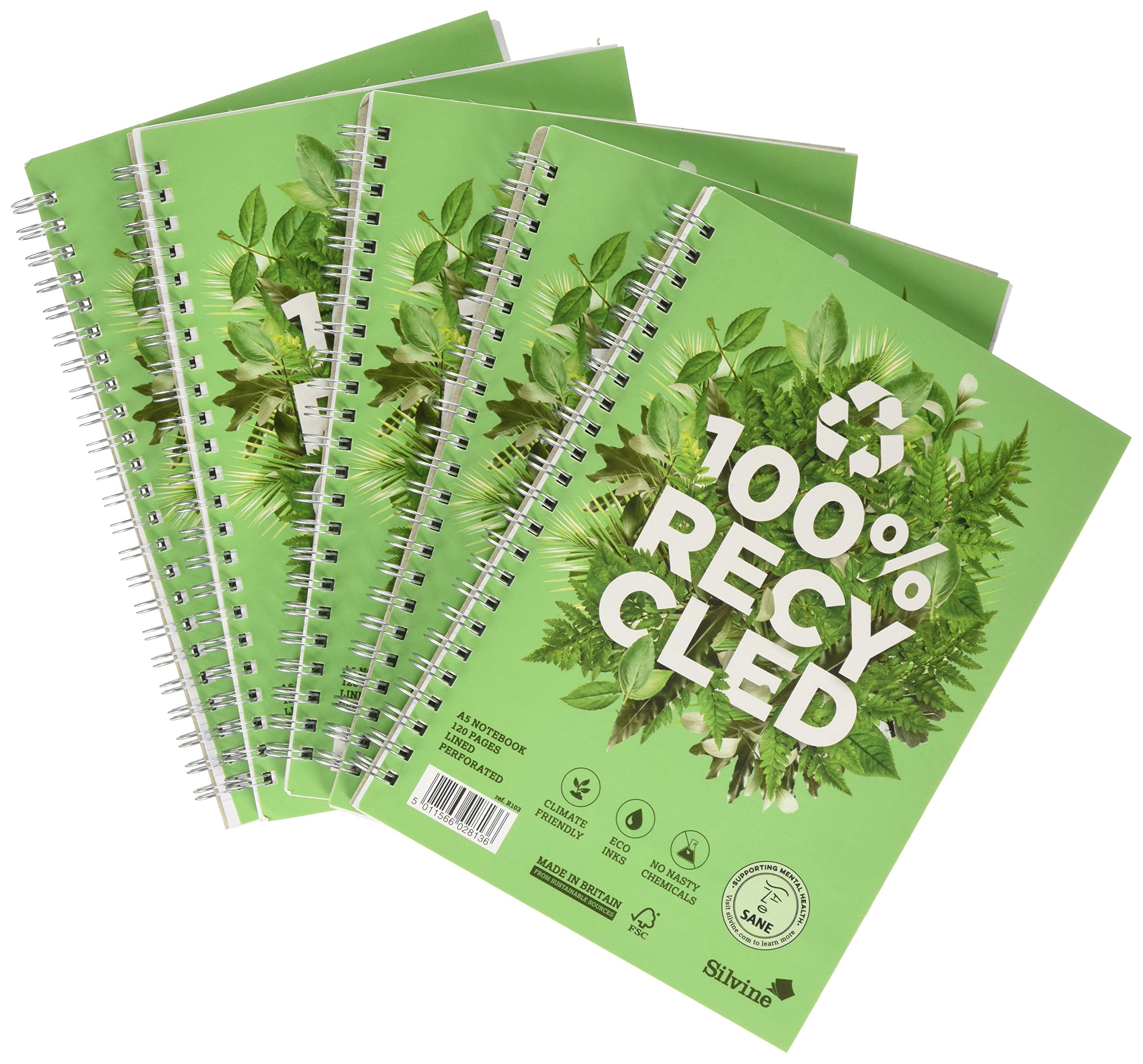 Silvine A5 Premium Recycled Wirebound Notebook - 120 Lined Pages of 100% Recycled Paper. Ref R103 ,Green