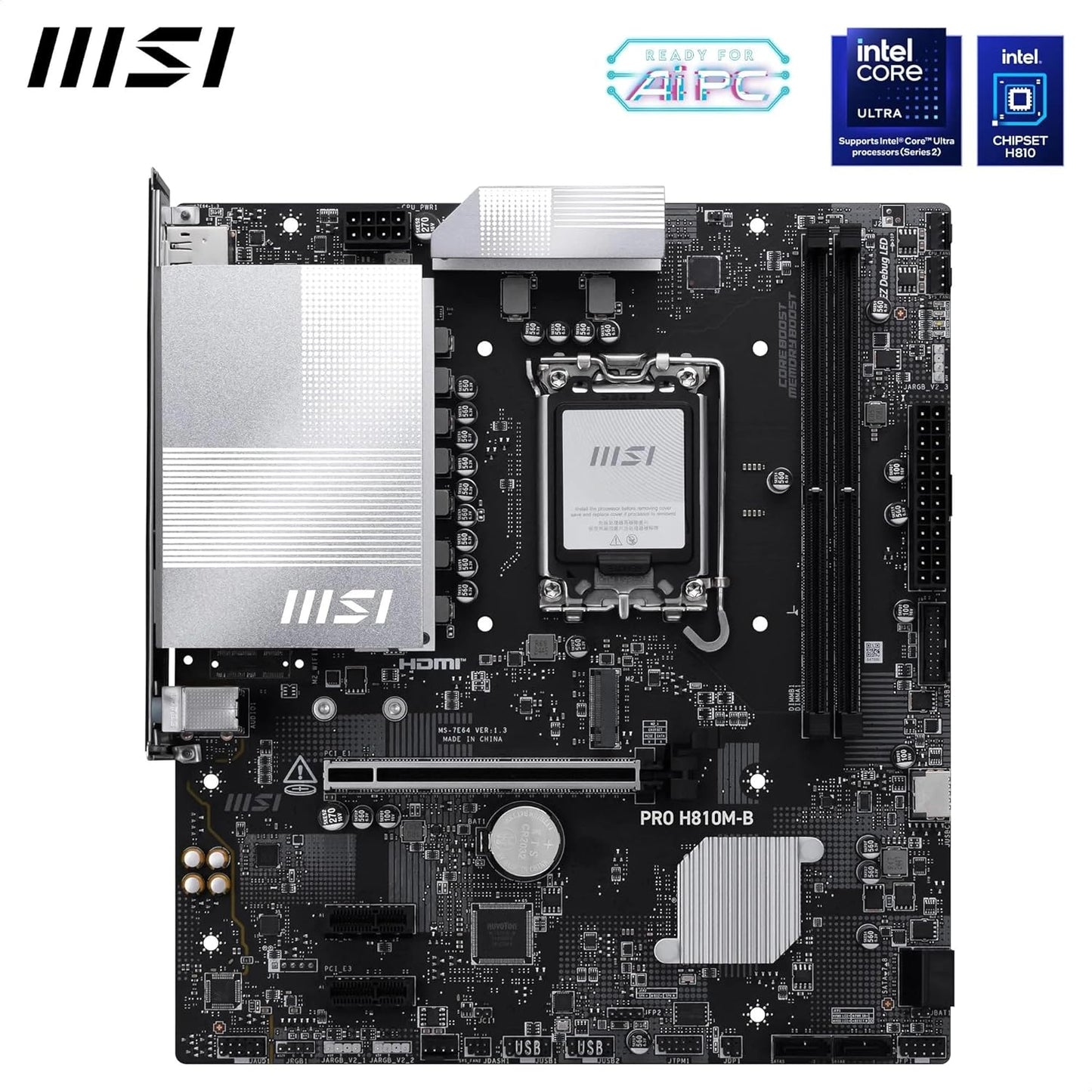 MSI PRO H810M-B Motherboard, mATX - Supports Intel Core Ultra Processors (Series 2), LGA 1851 - DDR5 Memory Boost (6400 MT/s MAX), PCIe 5.0 x16, M.2 Gen4, 2.5G LAN