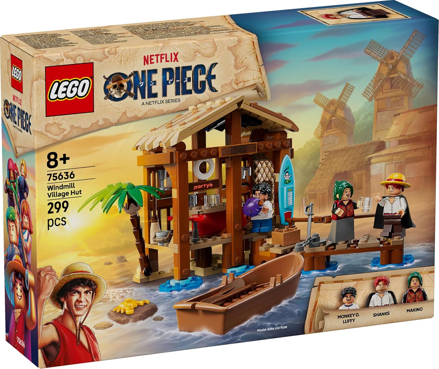 LEGO ONE PIECE Windmill Village Hut Toy with a Boat, Young Luffy, Shanks & Makino Minifigures plus Accessories incl. a Wanted Poster - Anime Gift for 8+ Year Old Boys, Girls & Fans - 75636