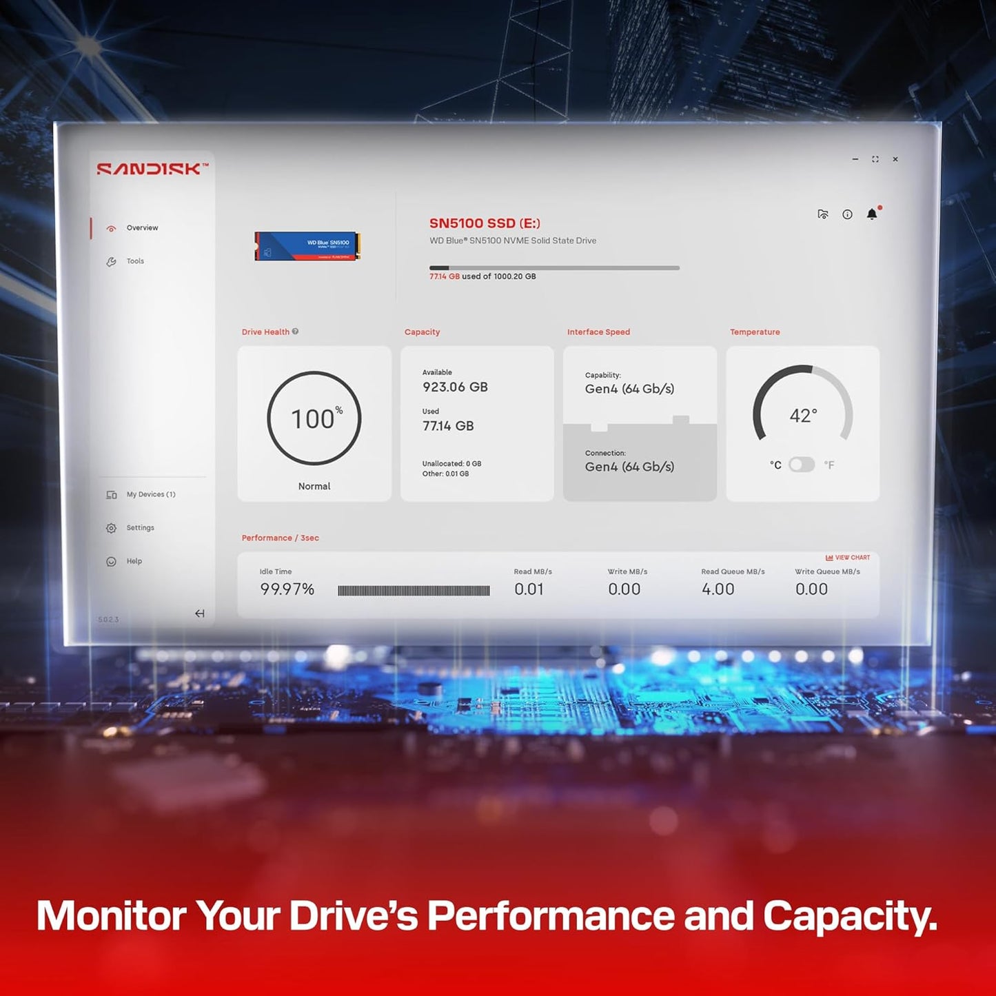 WD Blue SN5100 1TB NVMe SSD (7,1000 MB/s Read Speeds, M.2 2280, PCIe Gen 4.0, n Cache 4.0, Sandisk 3D CBA NAND technology, Acronis True Image data migration software