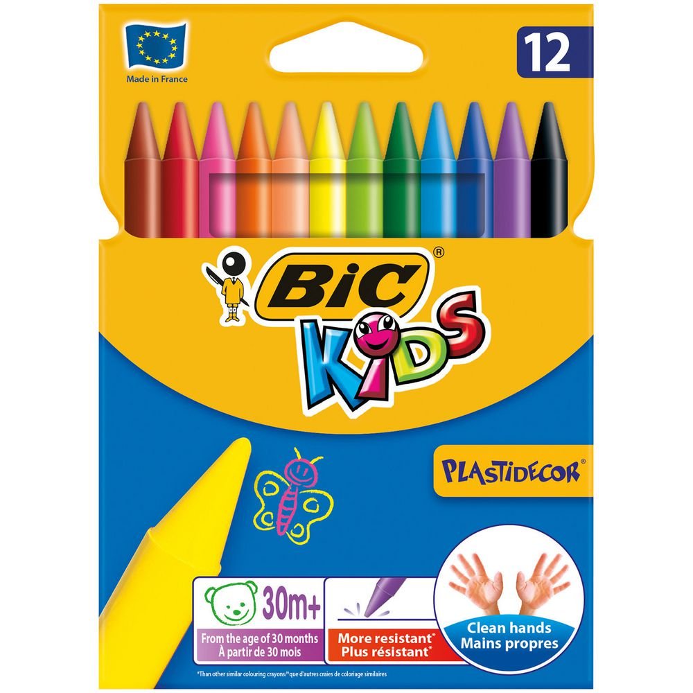 BIC Kids Plastidecor Craies de Coloriage - Couleurs Assorties, Etui Carton de 12