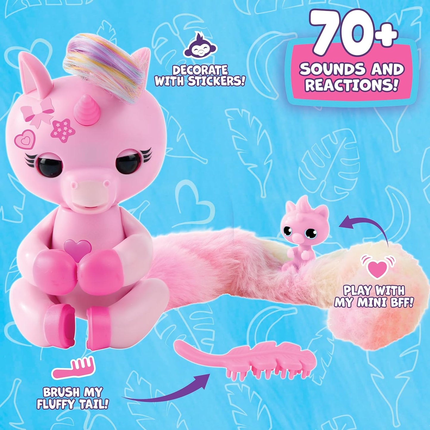 Fingerlings Snuggle Tails - Interactive Pink Unicorn (Evie), with fluffy tail, mini bestie (Isla), brush and stickers