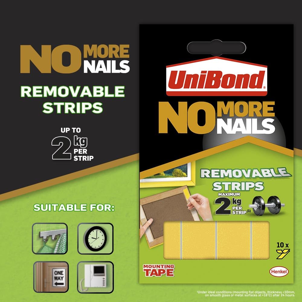 Unibond No More Nails Removable Picture Hanging Strips, Adhesive Strips for Fast, Easy Mounting, Double Sided Sticky Tape for Interior Use, Translucent Tape, Pack of 10 , Yellow