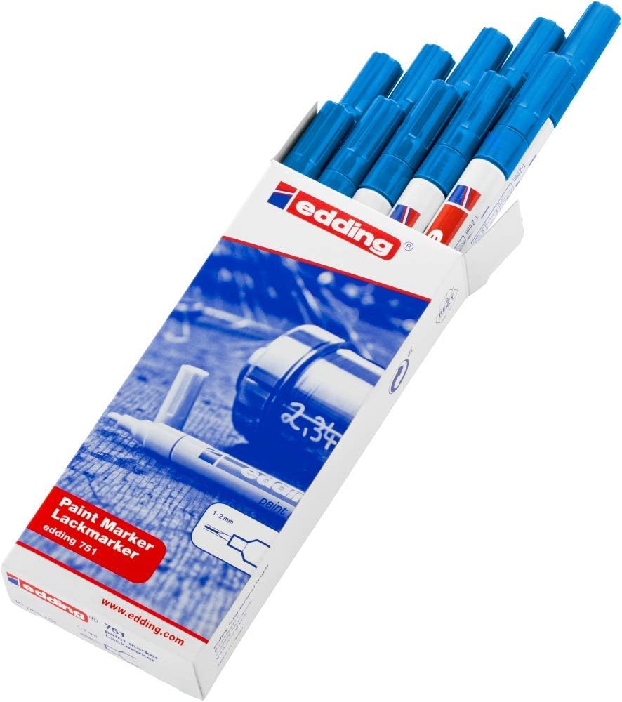 edding 751 paint marker - blue - 10 pens - round tip 1-2 mm - paint marker for marking and labelling metal, glass, rocks or plastic - heat-resistant, permanent, smudge-proof and waterproof