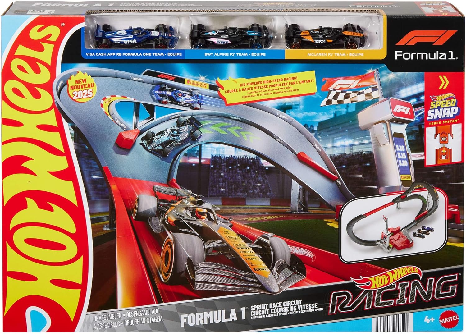 Hot Wheels Racing - Circuito Sprint Formula 1, set pista a due modalità di gioco e con 3 veicoli F1 inclusi, McLaren F1 Team, Alpine e VCARB, giocattolo per bambini, 4+ anni, JDY15