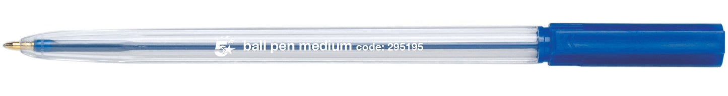 5 Star Office Ball Pen Clear Barrel Medium 1.0mm Tip 0.7mm Line Blue