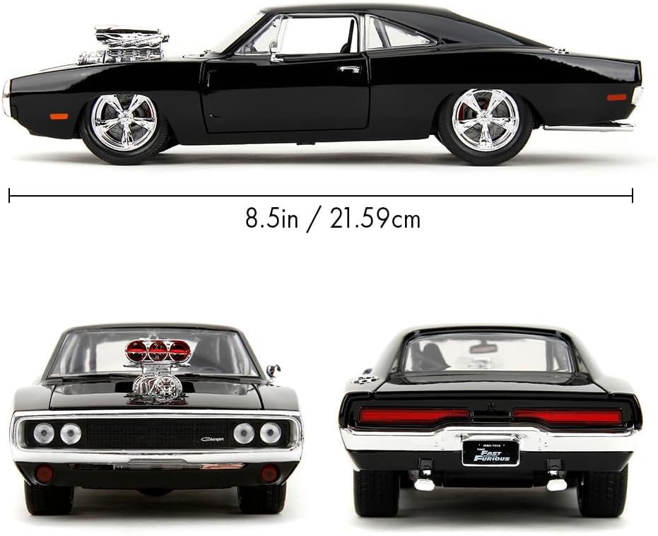 Jada Toys - Fast and Furious Auto Dom`s Dodge Charger Street (1:24, schwarz) - Modellauto 1970 Dodge Charger R/T aus Fast & Furious, Spielzeugauto aus Metall ab 8 Jahre mit Teilen zum Öffnen, 19cm