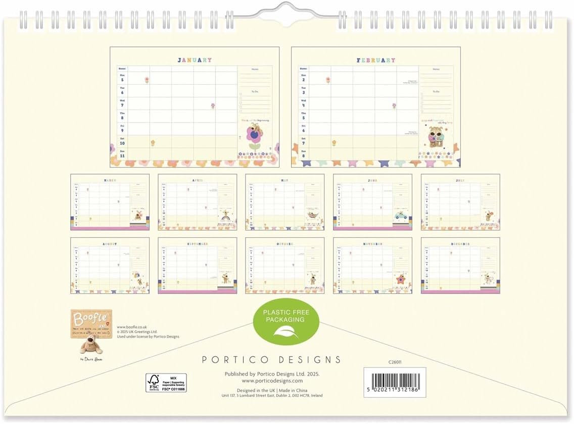 2026 Boofle A4 Family Planner Organiser Wall Calendar by Portico Designs Ltd