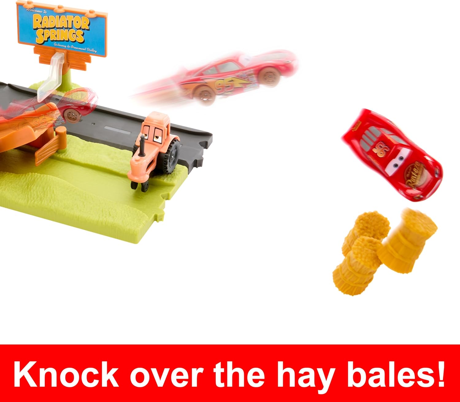Mattel Disney en Pixar Cars Speelset met 3 speelgoedauto's en 2 manieren om te spelen, Ontsnap-aan-Frank en Stuntrace speelset met Bliksem McQueen, HRX48
