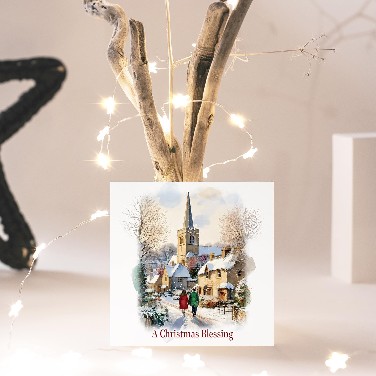 Charity Christmas Cards with Village Snow Scene, 150 x 150mm, Bible Verse, Set of 10, Supporting Compassion UK