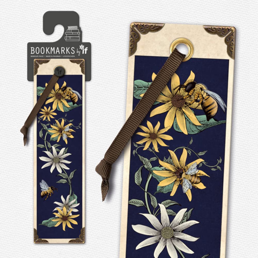 IF Vintage Bookmarks - Bees & Flowers, Cardboard, 12 Pcs with Brass Eyelet, Old Gold Ribbon, Faux Printed Metal Corner Detailing