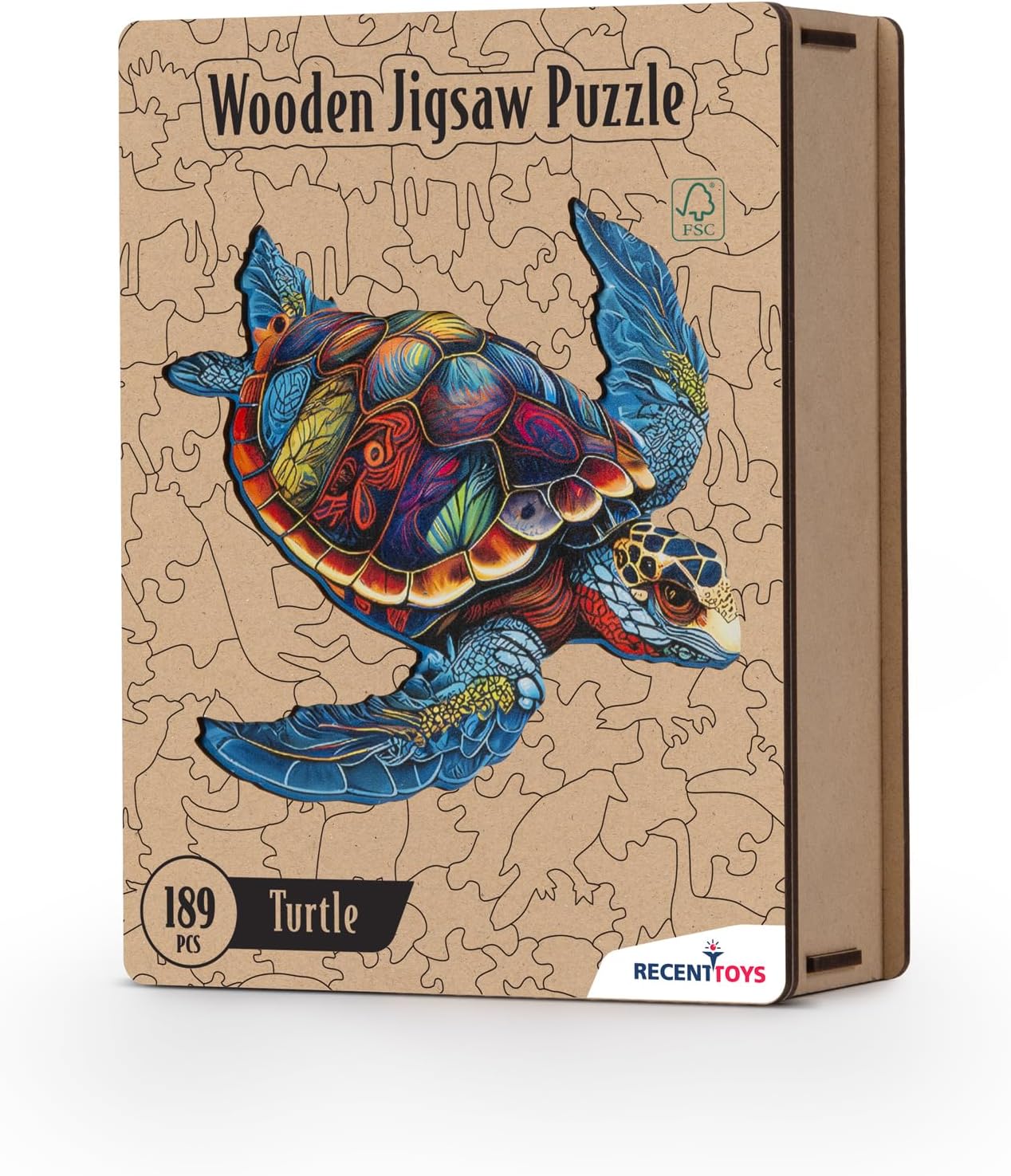 Recent Toys Wooden Jigsaw Puzzle Turtle for Adults and Kids.189 Piece puzzle, large size 28 x 31 cm with Unique Shaped pieces. Includes wooden storage gift box and stand.