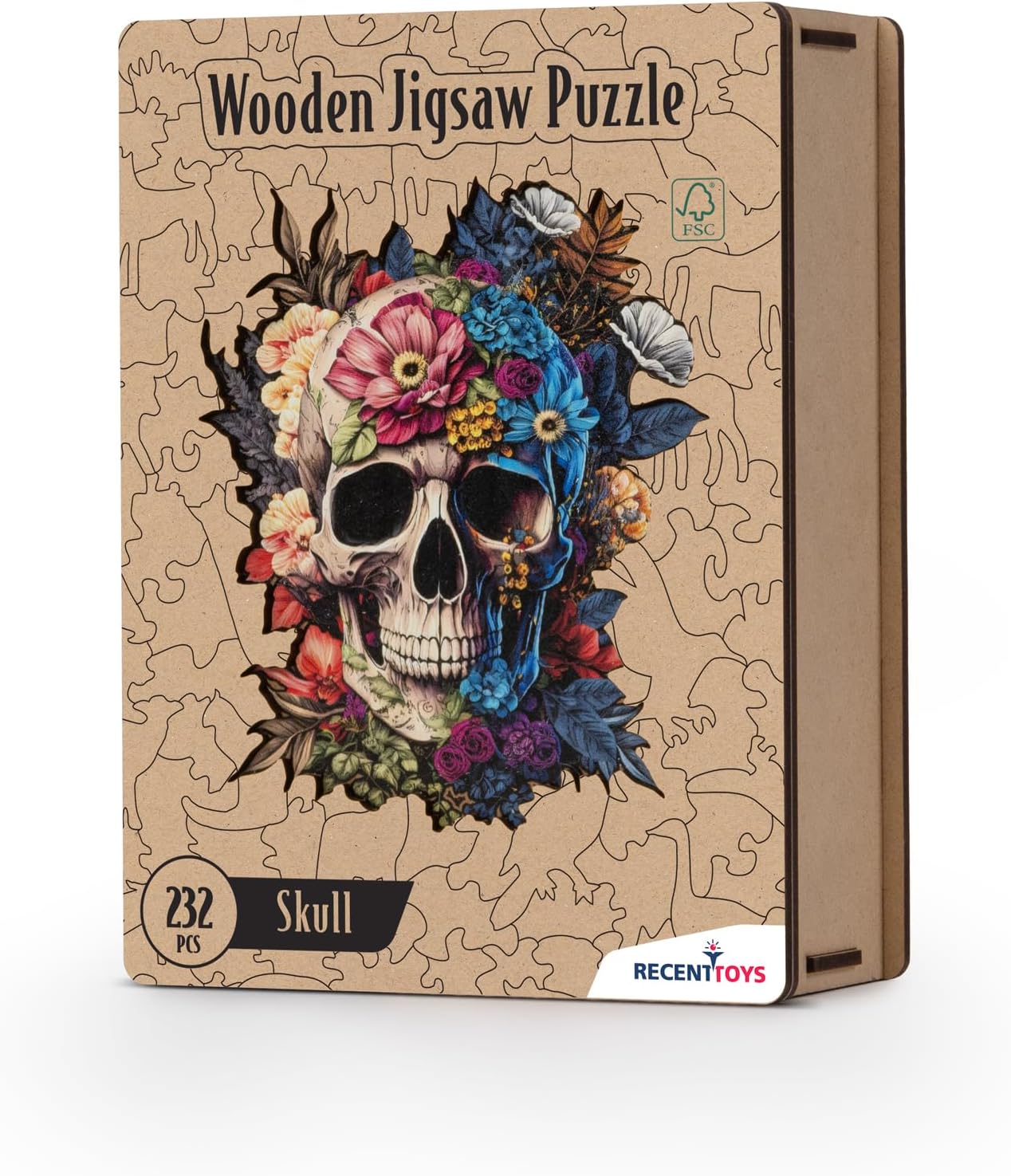 Recent Toys Wooden Jigsaw Puzzle Fantasy Skull for Adults and Kids.232 Piece puzzle, large size 29 x 34 cm with Unique Shaped pieces. Includes wooden storage gift box and stand.
