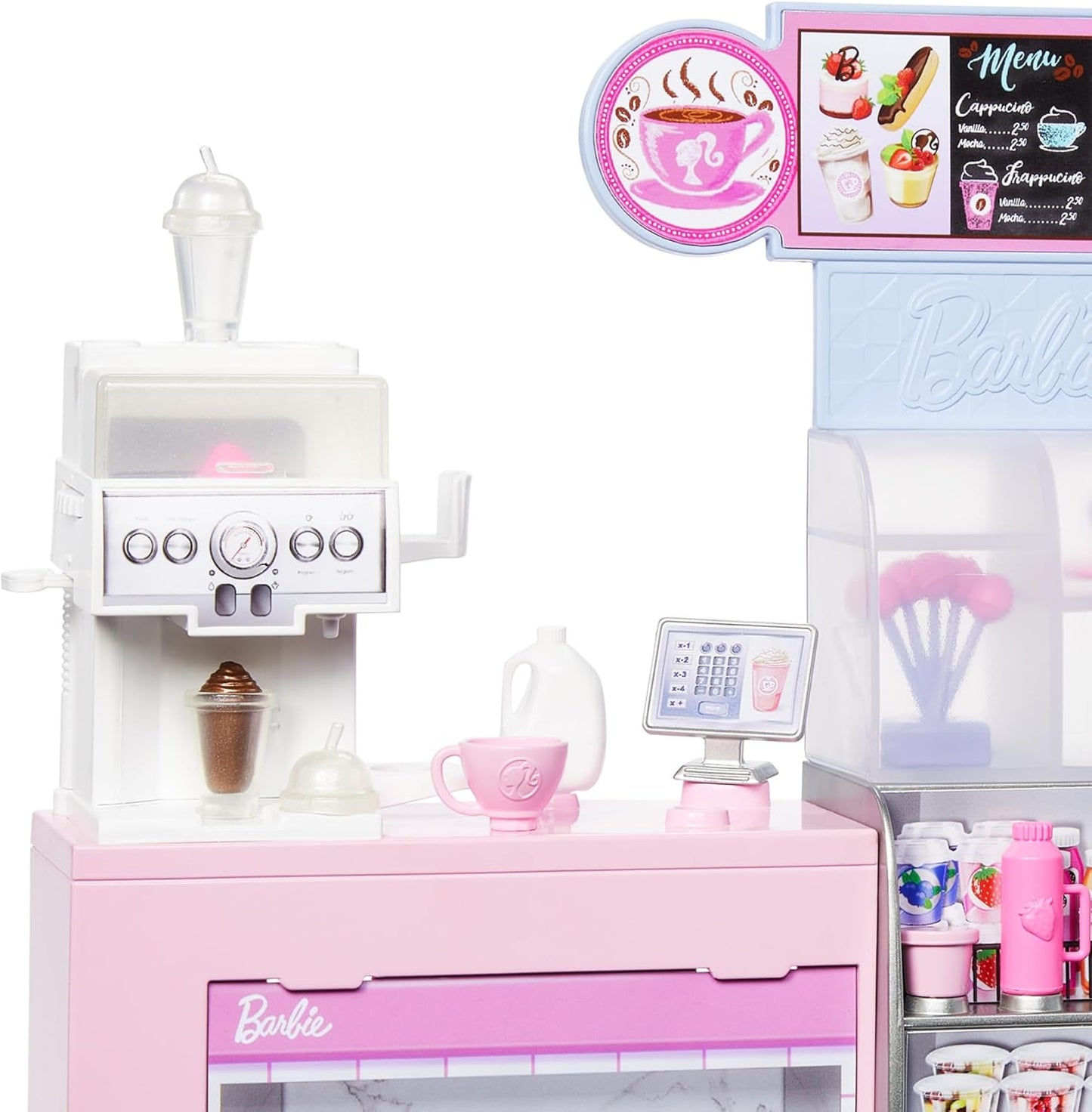 Barbie Koffiebar, speelset met blonde baristapop en 12 accessoires, waaronder koffiezetapparaat/smoothiemaker, levensmiddelen, kopjes en meer, HXN94