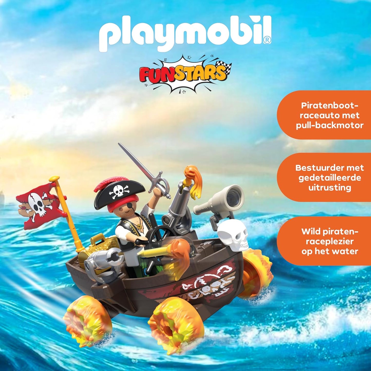 PLAYMOBIL Fun Stars 71720 Piratenboot, speelgoed vanaf 4 jaar, cadeau voor kinderen, speelgoedauto, met terugtrekmotor en schietfunctie