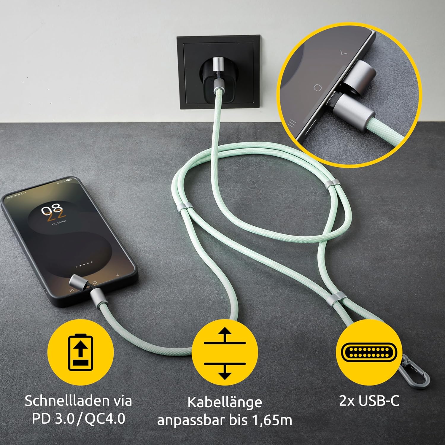 Intenso Cavo di ricarica e dati USB-C per cellulare – 60 W, 480 Mbps, nylon, PD3.0 QC4.0, 1,65 m, misura regolabile