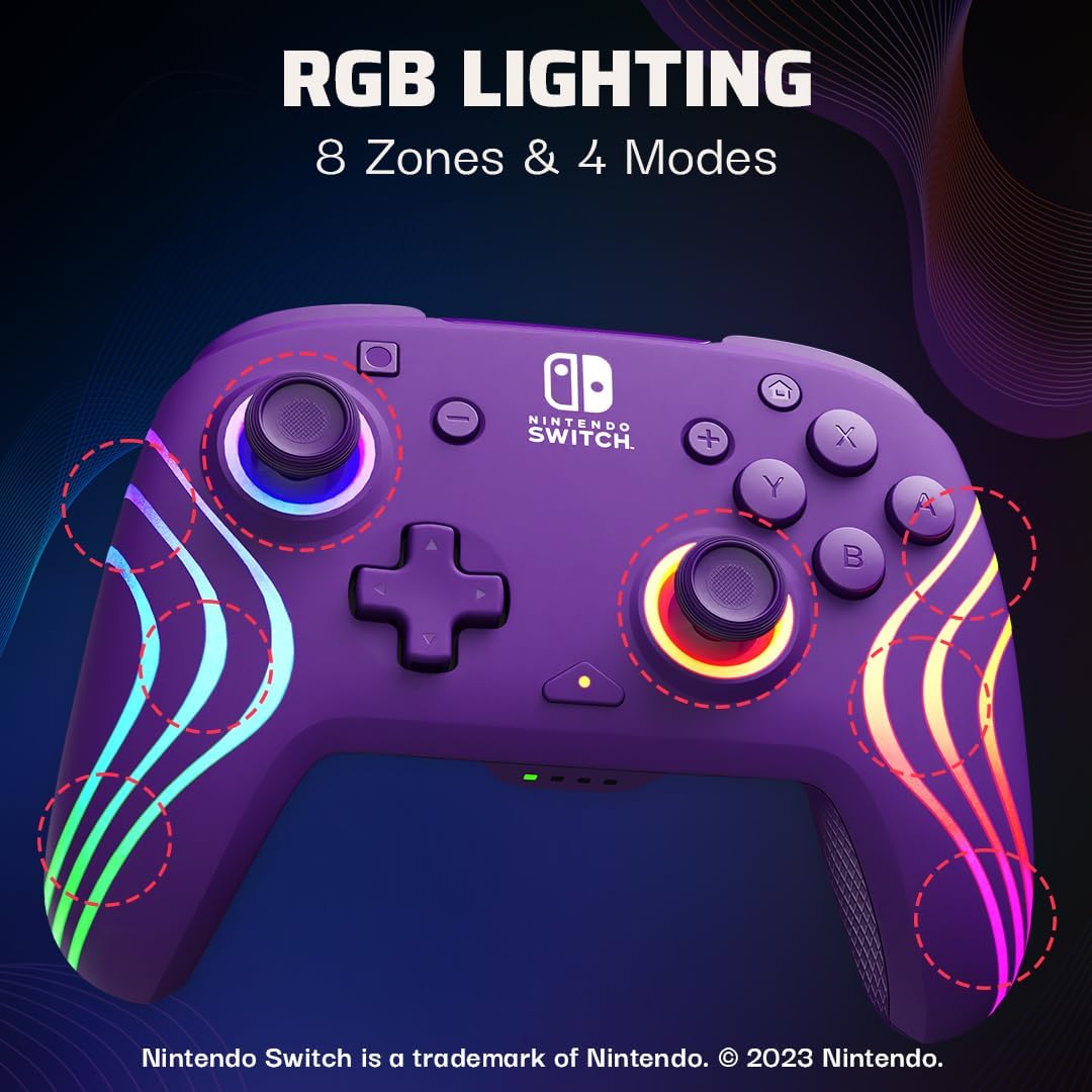 PDP Afterglow Wave Wireless Pro Controller with Full Motion for Nintendo Switch, Nintendo Switch - OLED Model, 8 RGB LED Lighting Zones, 30 Foot Range, 20 Hour Rechargeable Battery Purple