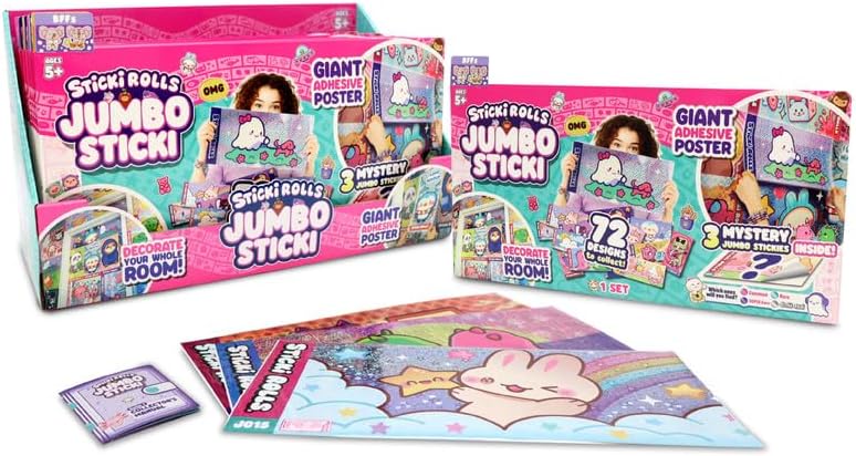 Sticki Rolls Jumbo Stickies, Giant Re-Stickable Foil Stickers, Unique Kawaii Designs, Collectible Wall Décor for Kids Ages 5+