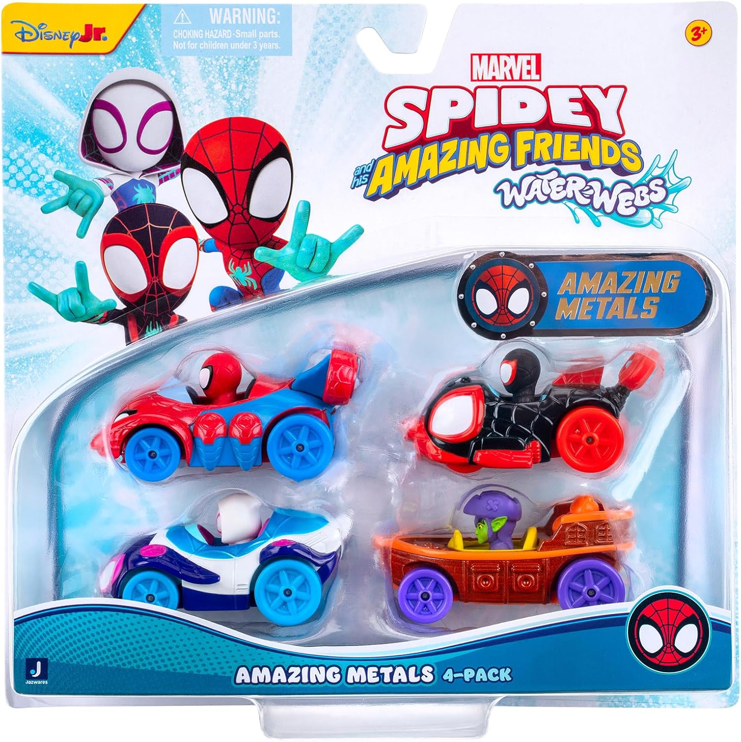 MARVEL Spidey and His Amazing Friends Amazing Metals 4 Pack - Four 3-Inch Die-Cast Water-Webs Vehicles with Built-In-Characters