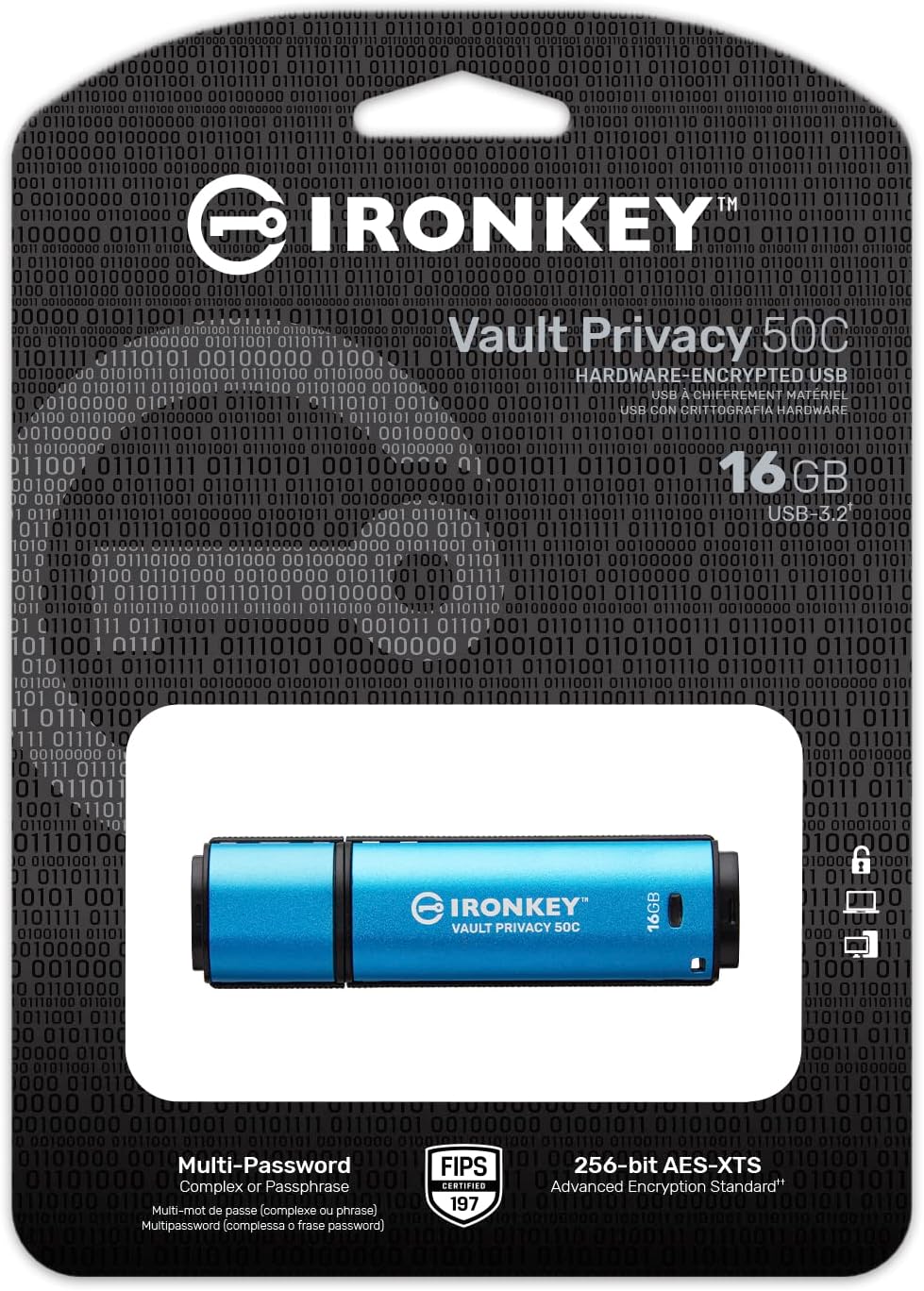 Kingston IronKey Vault Privacy 50 FIPS 197 Certified & XTS-AES 256-bit Encrypted USB TypeC Drive for Data Protection - IKVP50C/16GB