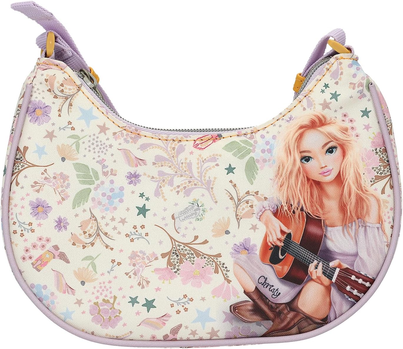 Depesche TOPModel 13670 Unisex Children's Crescent Moon Cowgirl Small Handbag in Purple with Model Motif and Floral Pattern, Bag with Zip Pendant, Cream