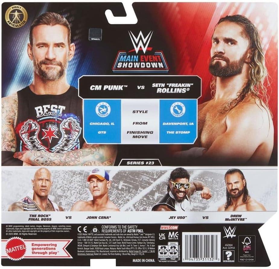 WWE CM Punk V Seth Freakin Rollins Mattel Main Event Showdown 2 Pack Series 23 Wrestling Action Figure Toy 2025