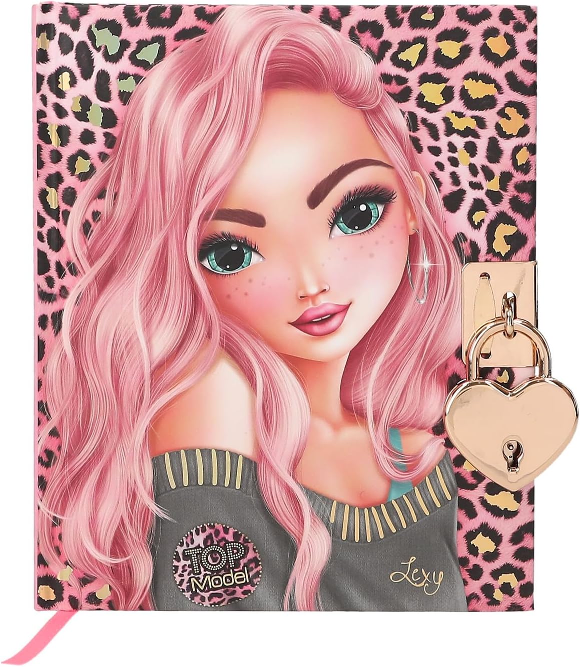 Depesche TOPModel 13216 Diary in Pink with Model Motif, Leo Pattern and Gold Details, Book with Heart Lock, Secret Pen and Lined Pages