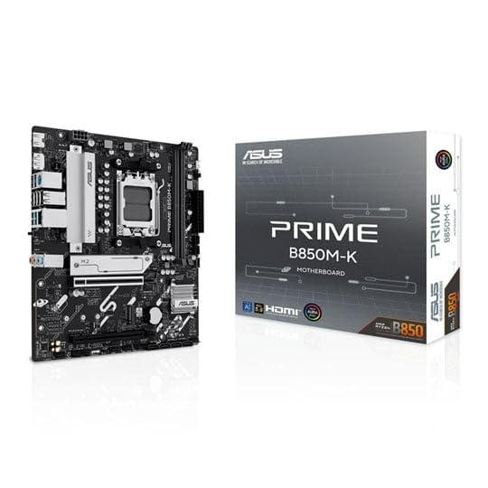 ASUS Prime B850M-K AMD Micro-ATX Motherboard, 8+2+1 Phase Power, DDR5, PCIe 5.0, 2 M.2 Slots, Realtek Ethernet 2.5GB, DisplayPort, HDMI, USB-A 10Gbps, USB-C 5Gbps, Aura Sync