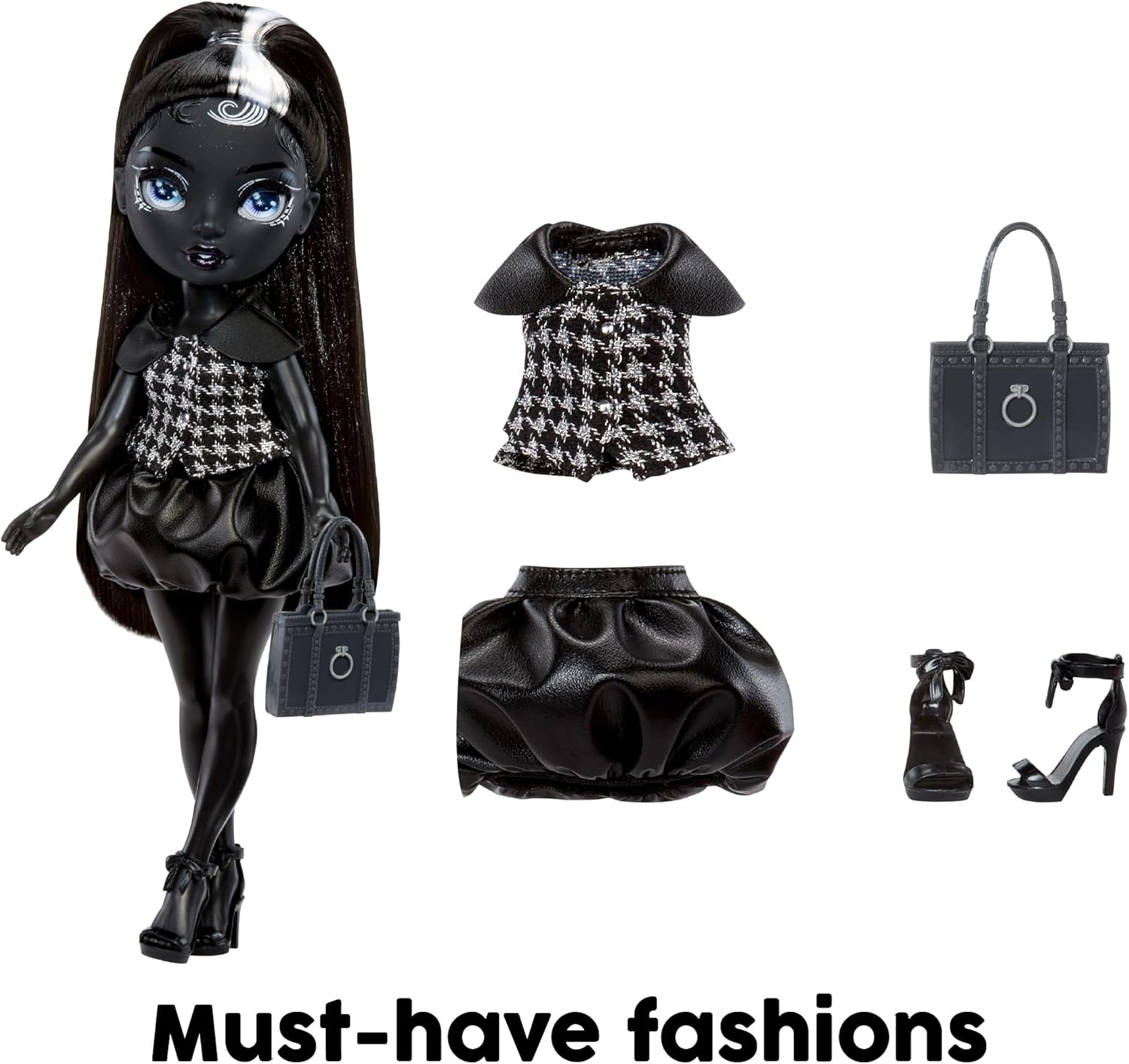 Rainbow High Shadow High Shanelle Onyx - Grayscale 28cm Fashion Doll, Black Hair and Outfit, Stylish Handbag, Cute Present for Children 4-10 Years Old